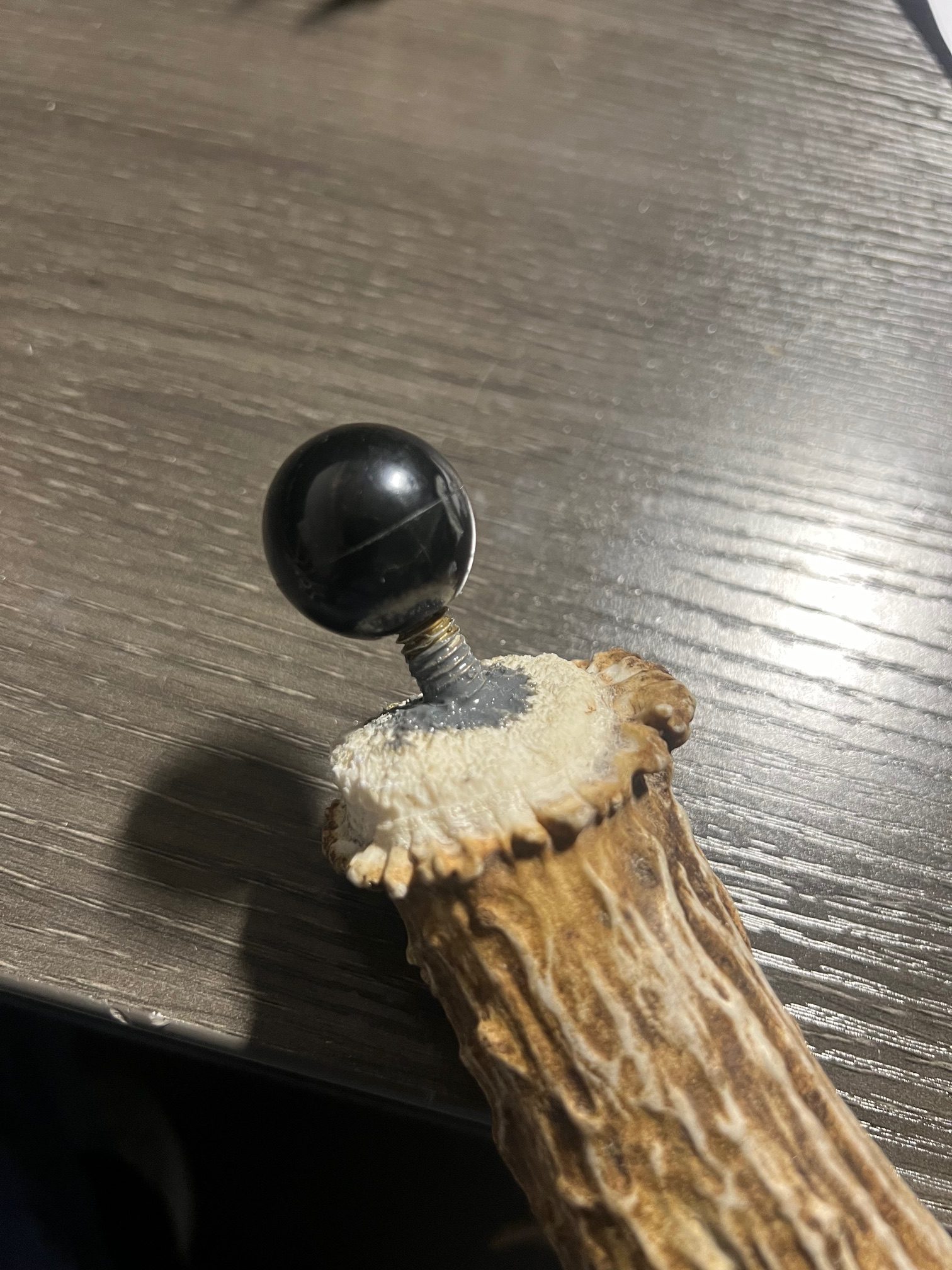 Close-up of Horn Hook ball and socket mounting system for shed antlers